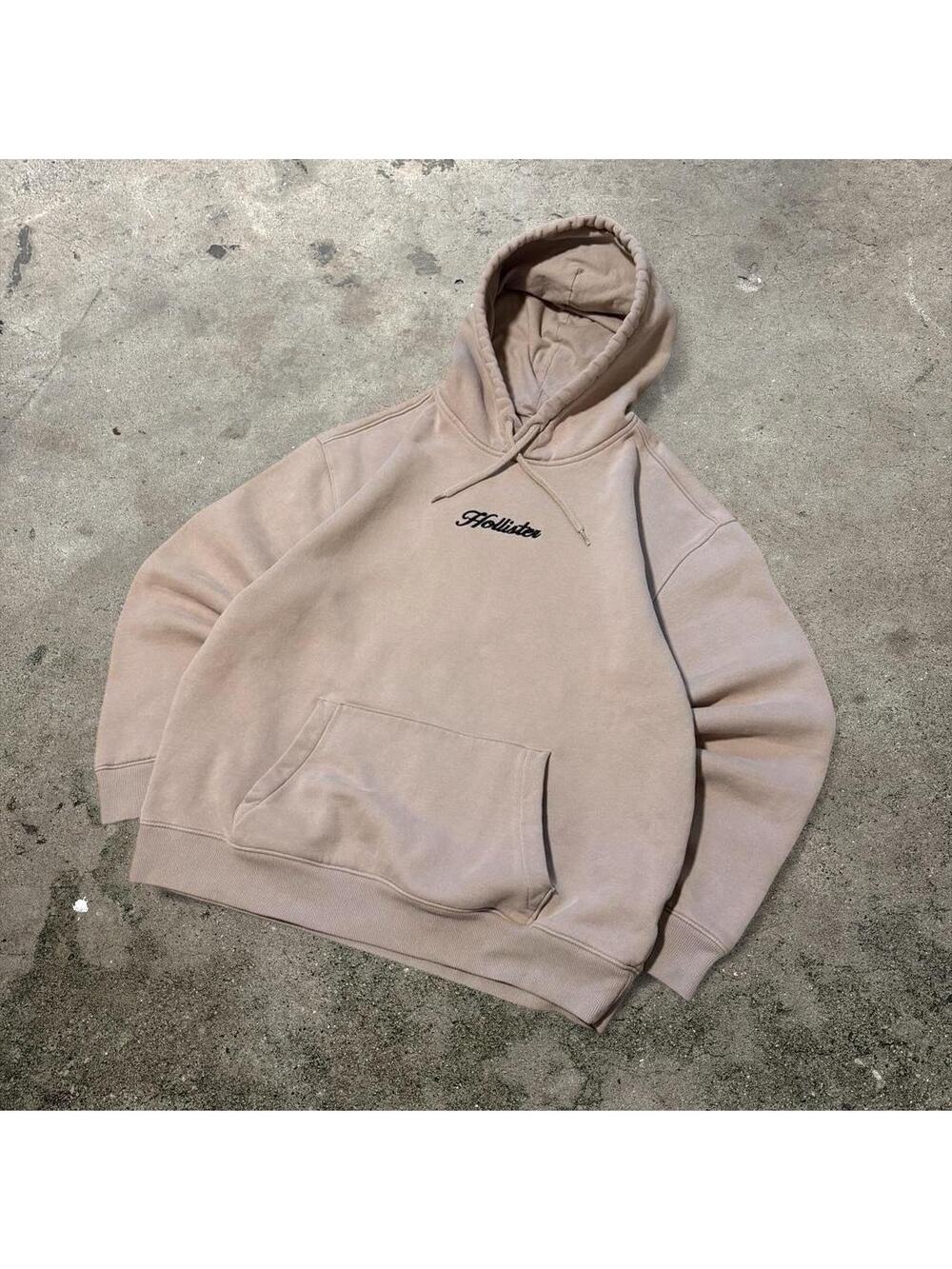 Hollister Embroidered Script Logo Hoodie Beige Tan Sweatshirt Size L